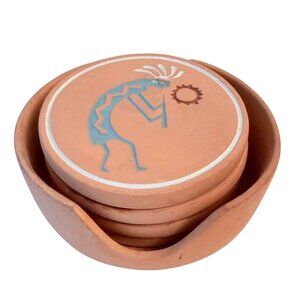 Terracotta Kokopelli Coaster Set With Holder Handcrafted Southwest Design Cork B